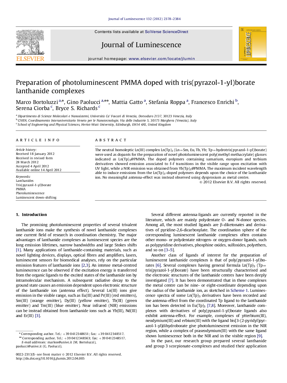 Preparation of photoluminescent PMMA doped with tris(pyrazol-1-yl)borate lanthanide complexes