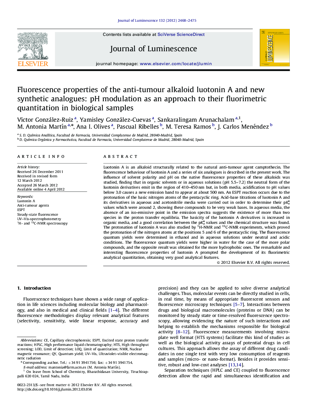 Fluorescence properties of the anti-tumour alkaloid luotonin A and new synthetic analogues: pH modulation as an approach to their fluorimetric quantitation in biological samples