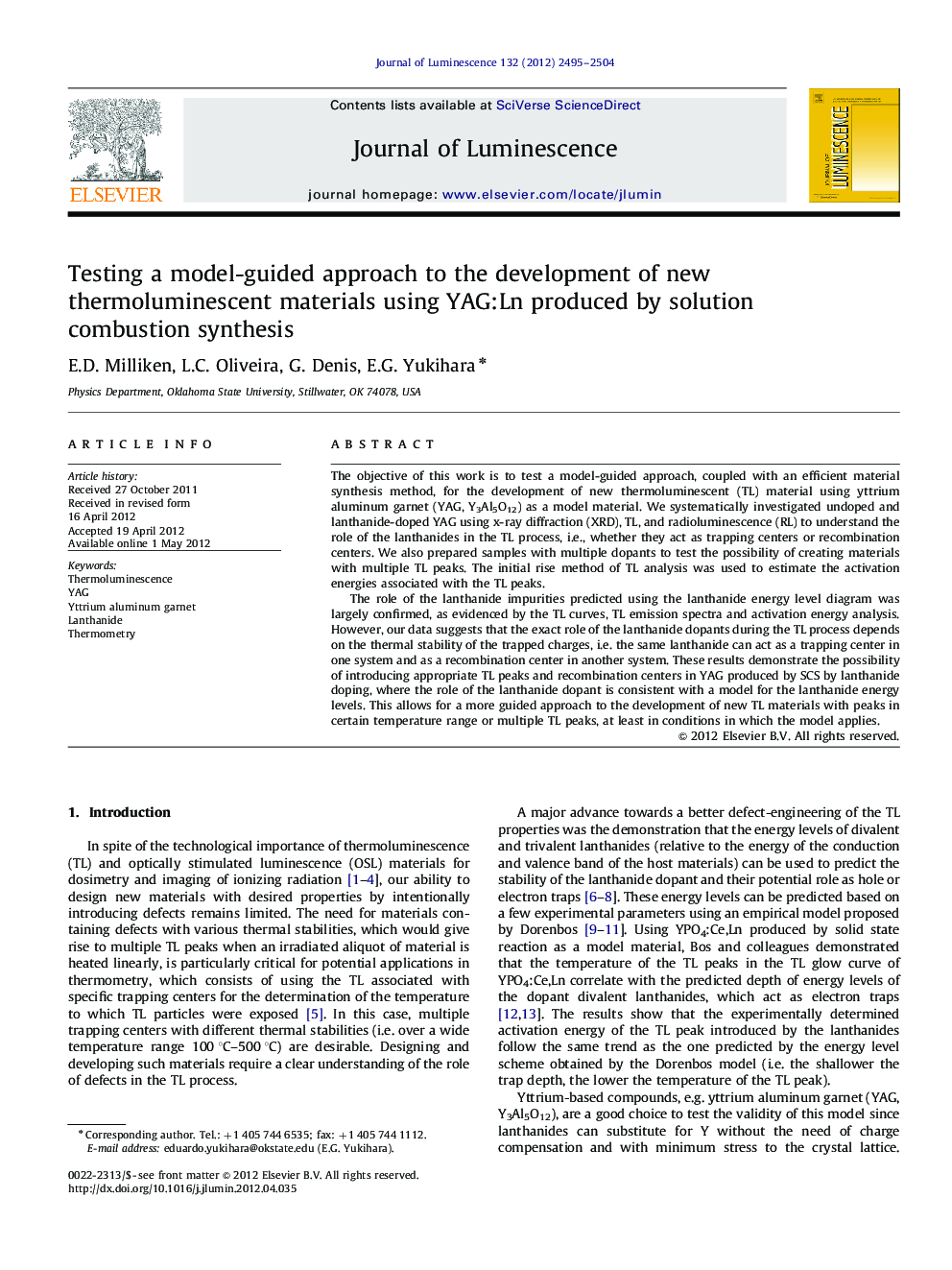 Testing a model-guided approach to the development of new thermoluminescent materials using YAG:Ln produced by solution combustion synthesis