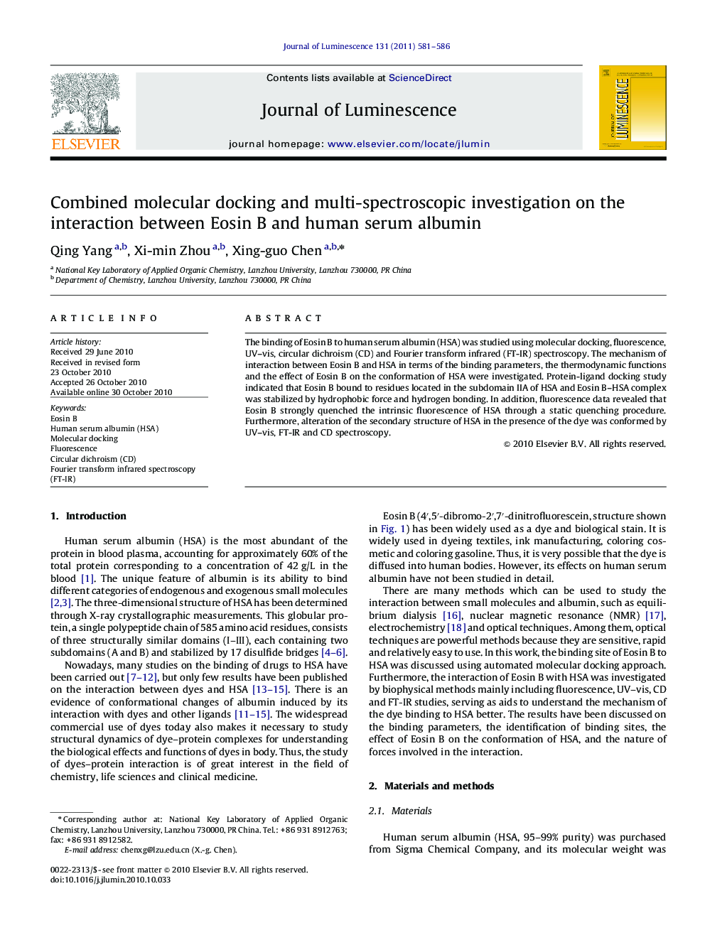 Combined molecular docking and multi-spectroscopic investigation on the interaction between Eosin B and human serum albumin