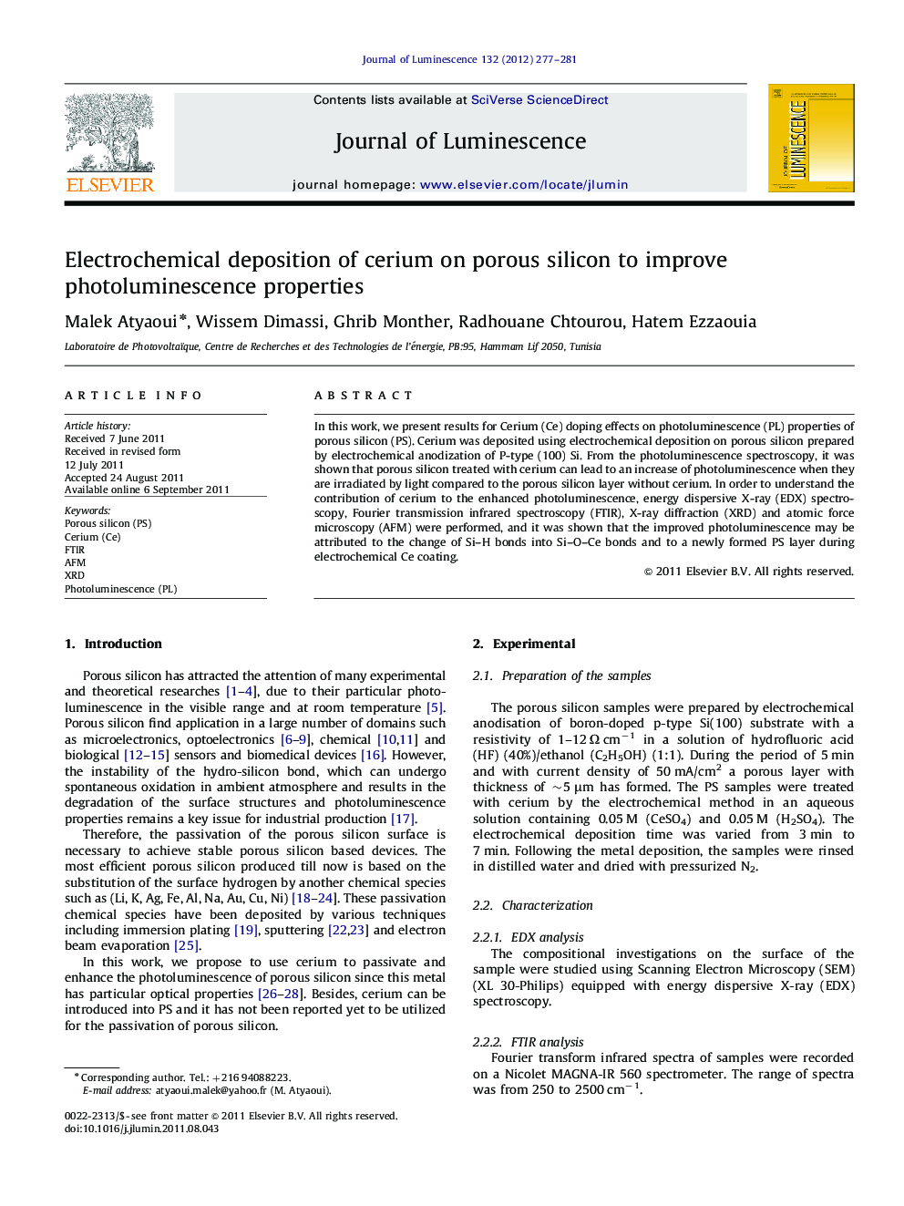 Electrochemical deposition of cerium on porous silicon to improve photoluminescence properties