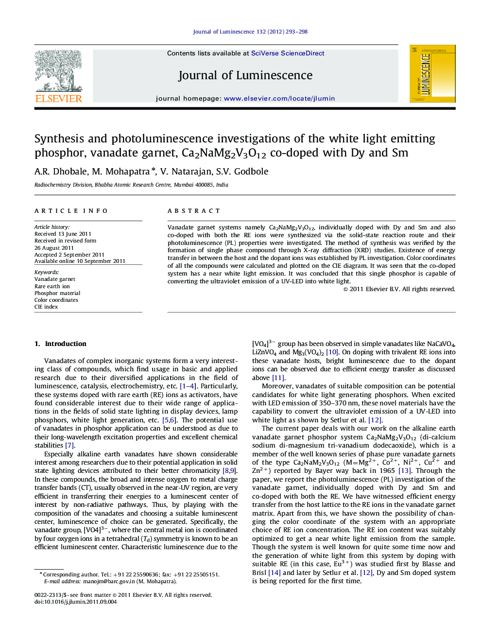 Synthesis and photoluminescence investigations of the white light emitting phosphor, vanadate garnet, Ca2NaMg2V3O12 co-doped with Dy and Sm