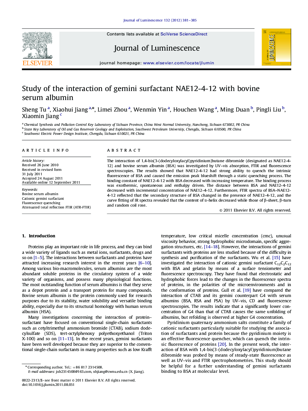 Study of the interaction of gemini surfactant NAE12-4-12 with bovine serum albumin
