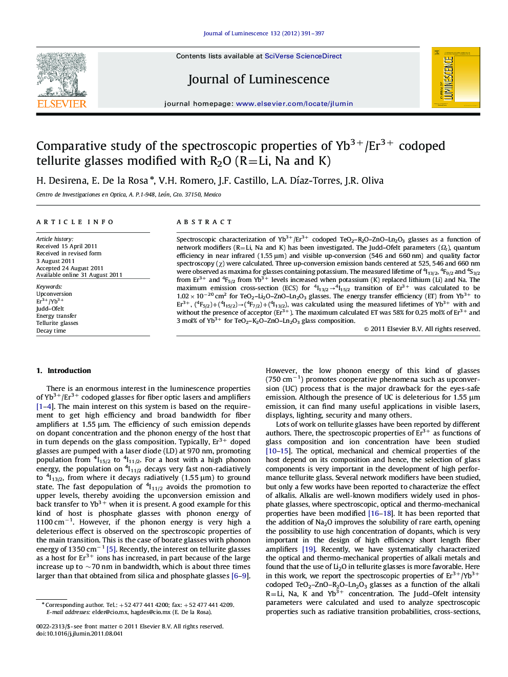 Comparative study of the spectroscopic properties of Yb3+/Er3+ codoped tellurite glasses modified with R2O (R=Li, Na and K)