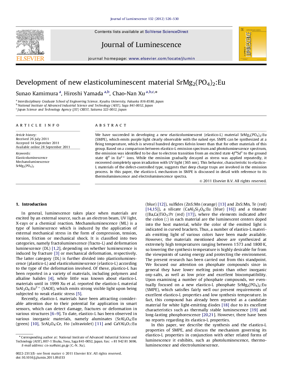 Development of new elasticoluminescent material SrMg2(PO4)2:Eu