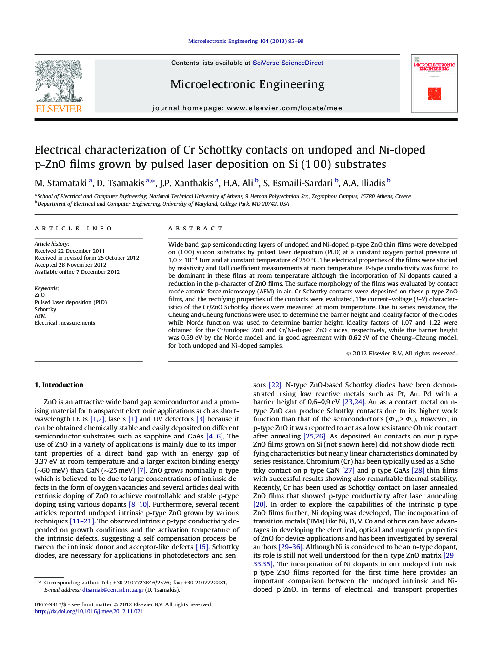 Electrical characterization of Cr Schottky contacts on undoped and Ni-doped p-ZnO films grown by pulsed laser deposition on Si (1 0 0) substrates