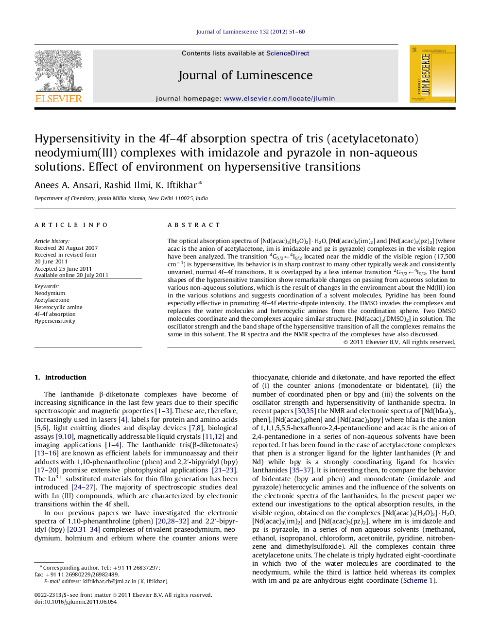 Hypersensitivity in the 4f-4f absorption spectra of tris (acetylacetonato) neodymium(III) complexes with imidazole and pyrazole in non-aqueous solutions. Effect of environment on hypersensitive transitions