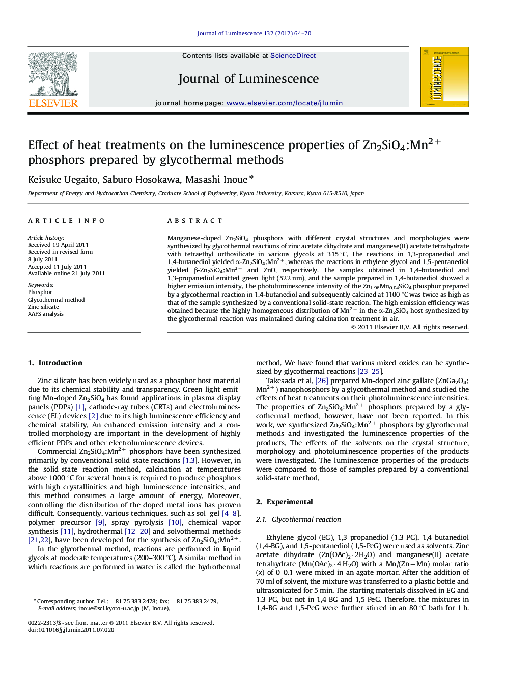 Effect of heat treatments on the luminescence properties of Zn2SiO4:Mn2+ phosphors prepared by glycothermal methods