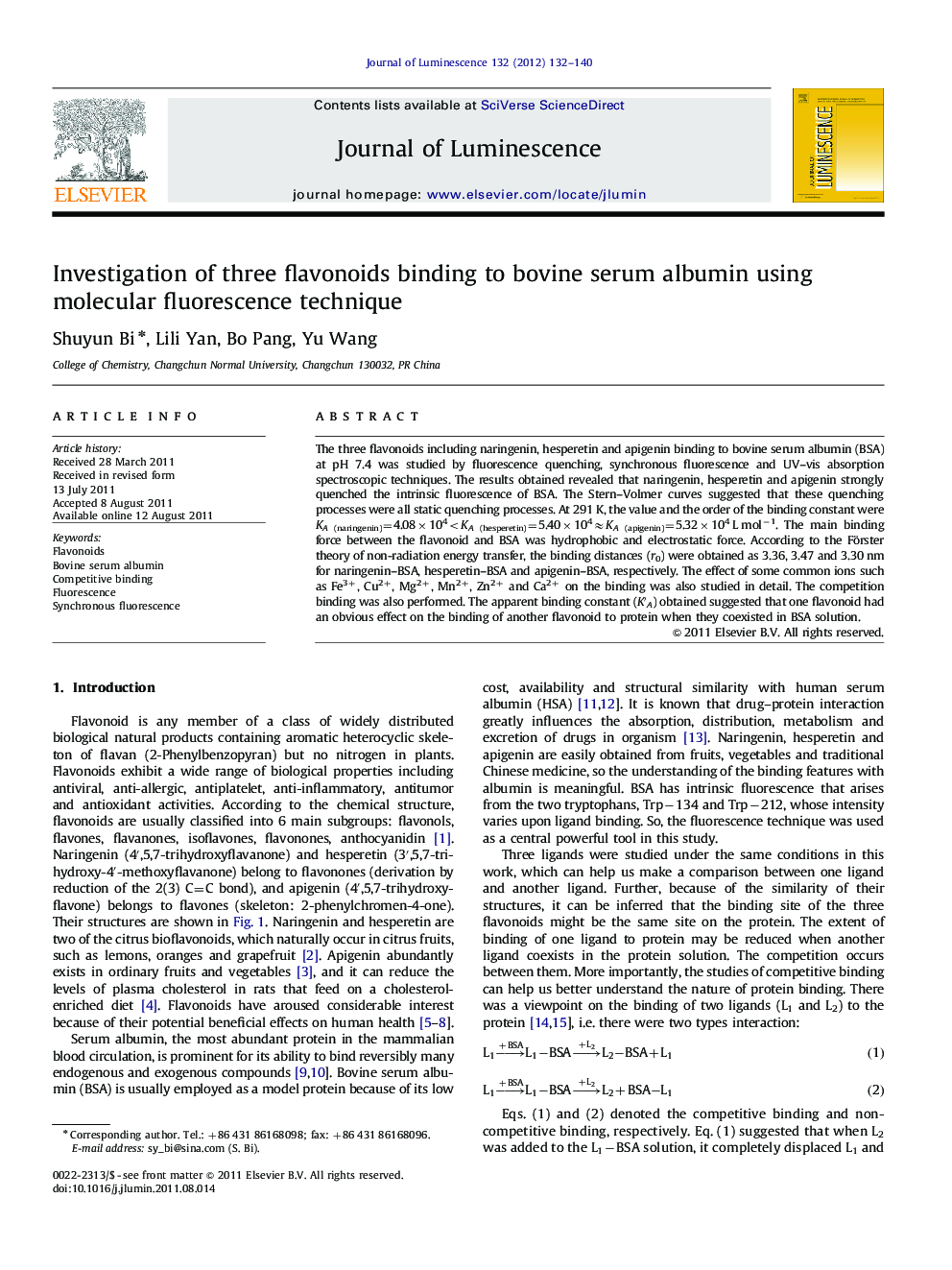 Investigation of three flavonoids binding to bovine serum albumin using molecular fluorescence technique