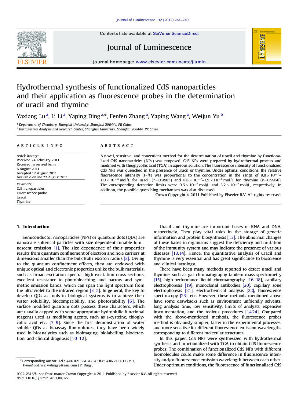 Hydrothermal synthesis of functionalized CdS nanoparticles and their application as fluorescence probes in the determination of uracil and thymine