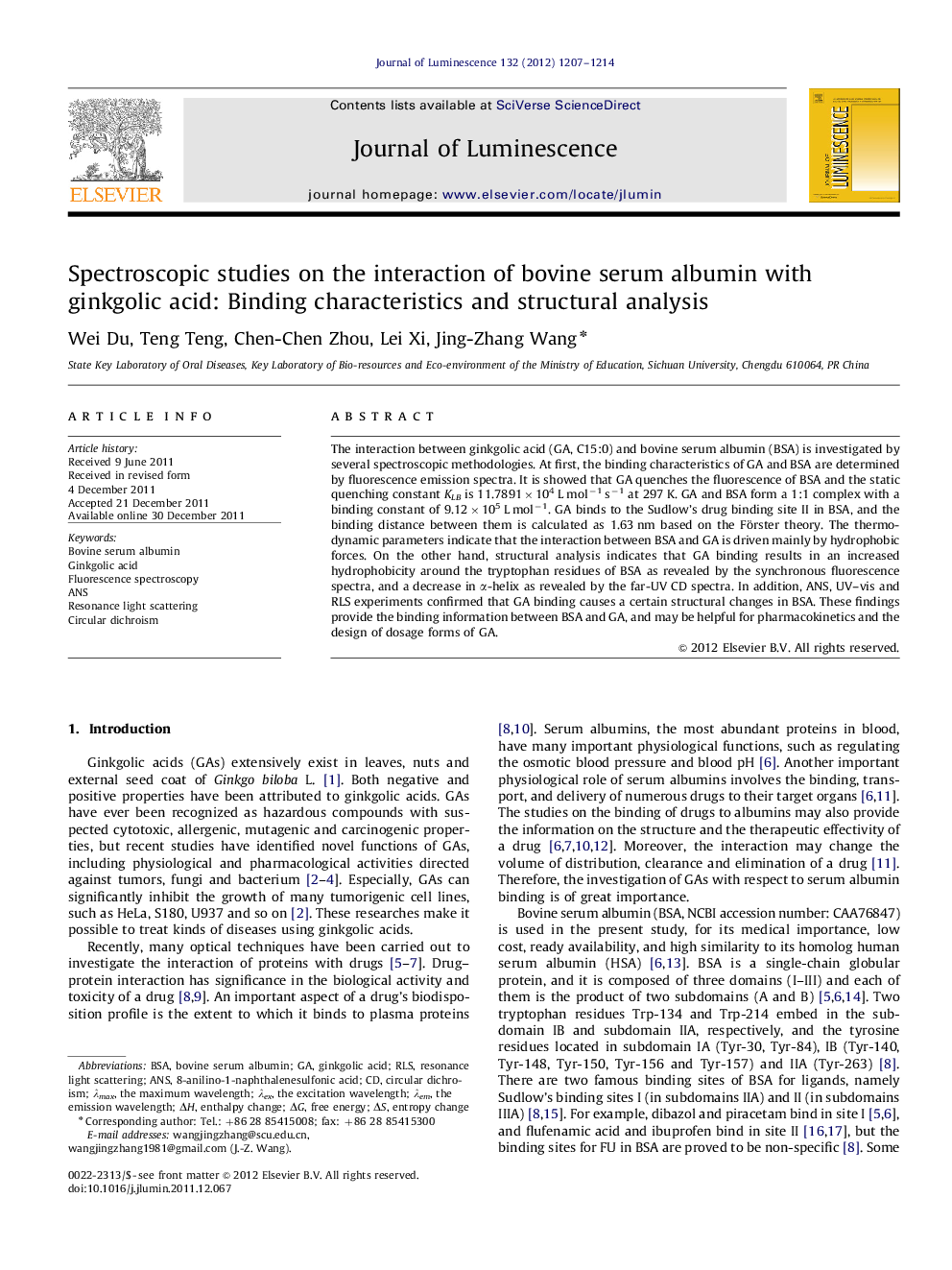 Spectroscopic studies on the interaction of bovine serum albumin with ginkgolic acid: Binding characteristics and structural analysis