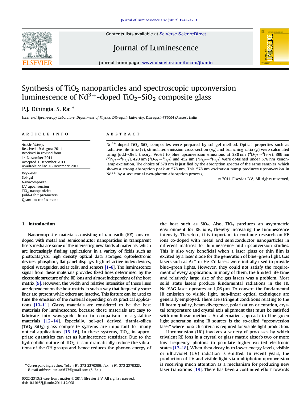 Synthesis of TiO2 nanoparticles and spectroscopic upconversion luminescence of Nd3+-doped TiO2-SiO2 composite glass