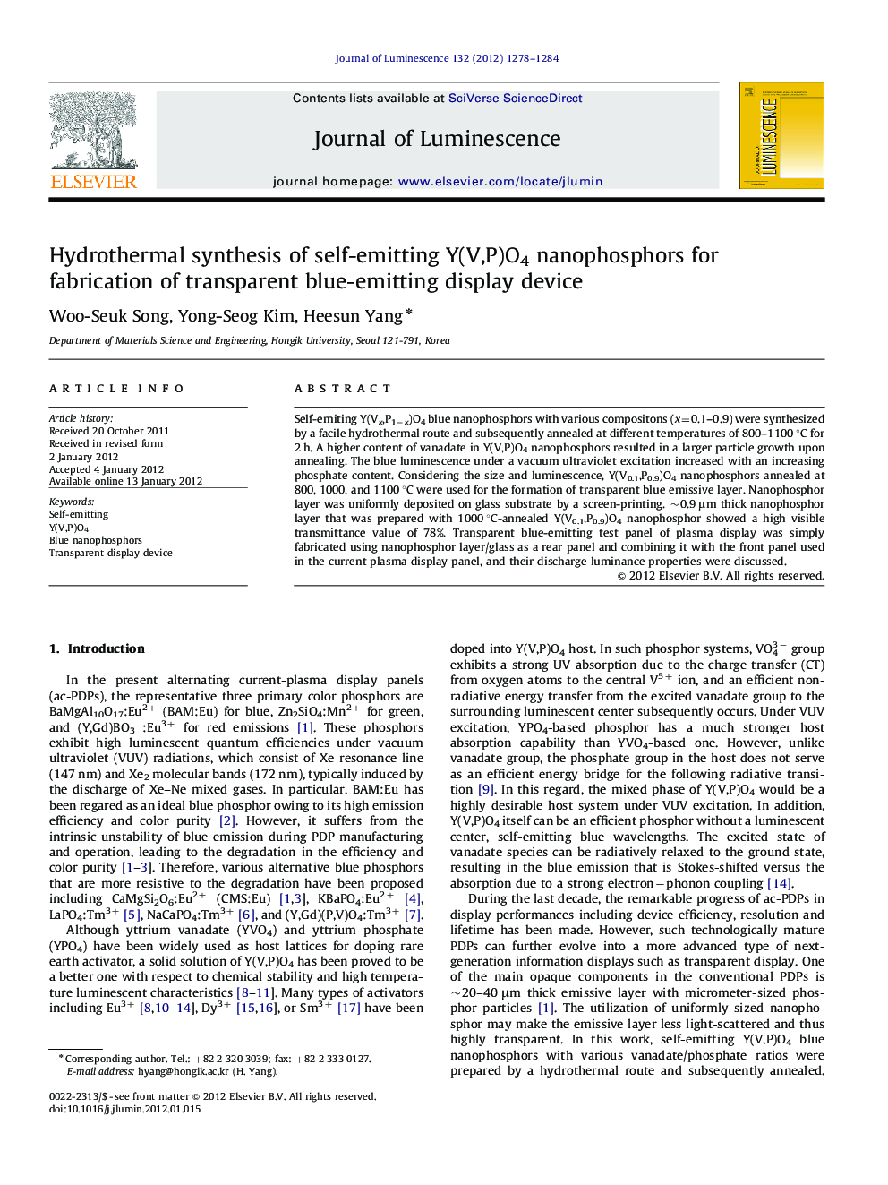 عکس صفحه اول مقاله: Hydrothermal synthesis of self-emitting Y(V,P)O4 nanophosphors for fabrication of transparent blue-emitting display device Hydrothermal synthesis of self-emitting Y(V,P)O4 nanophosphors for fabrication of transparent blue-emitting display device