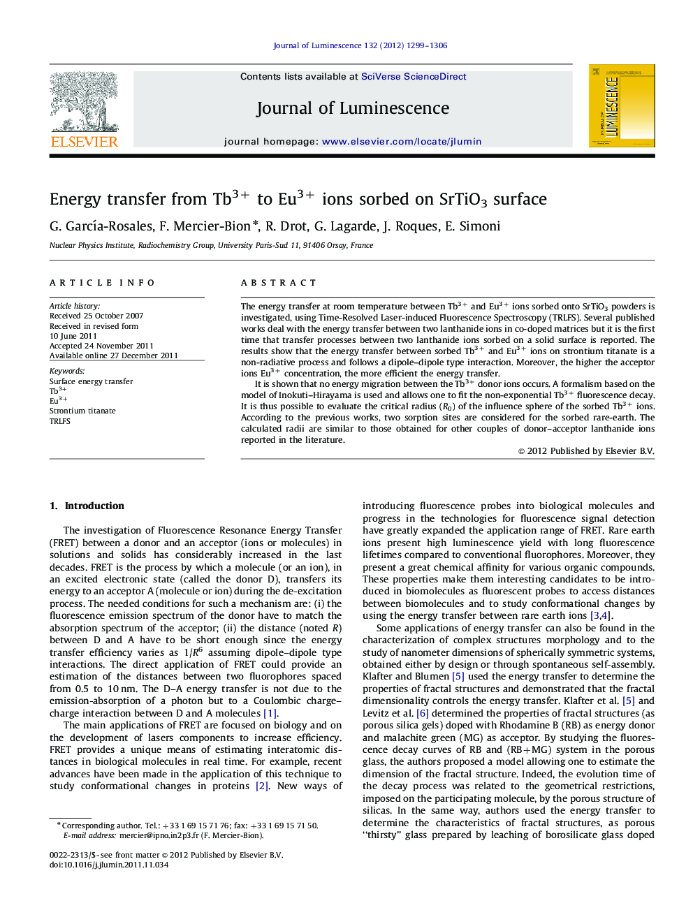 Energy transfer from Tb3+ to Eu3+ ions sorbed on SrTiO3 surface
