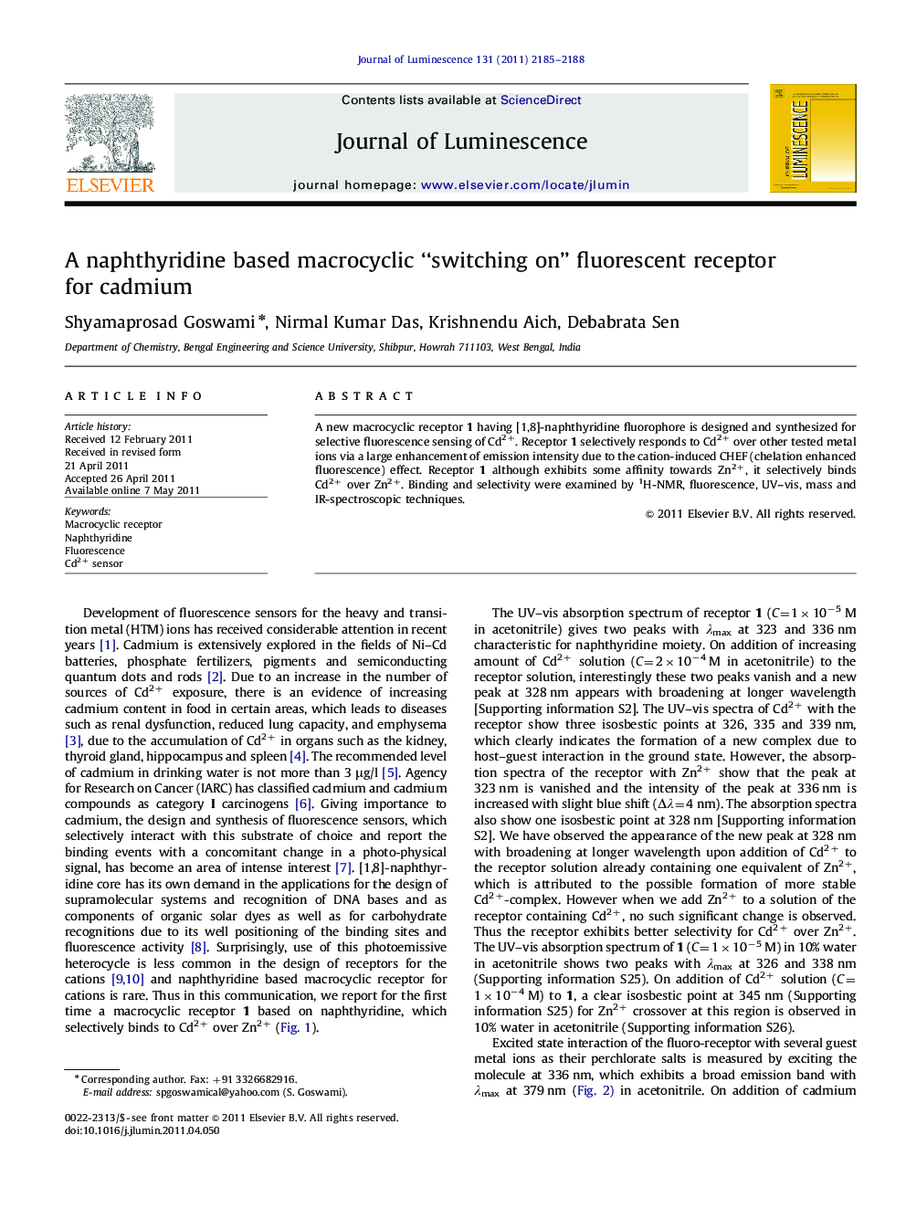 A naphthyridine based macrocyclic “switching on” fluorescent receptor for cadmium