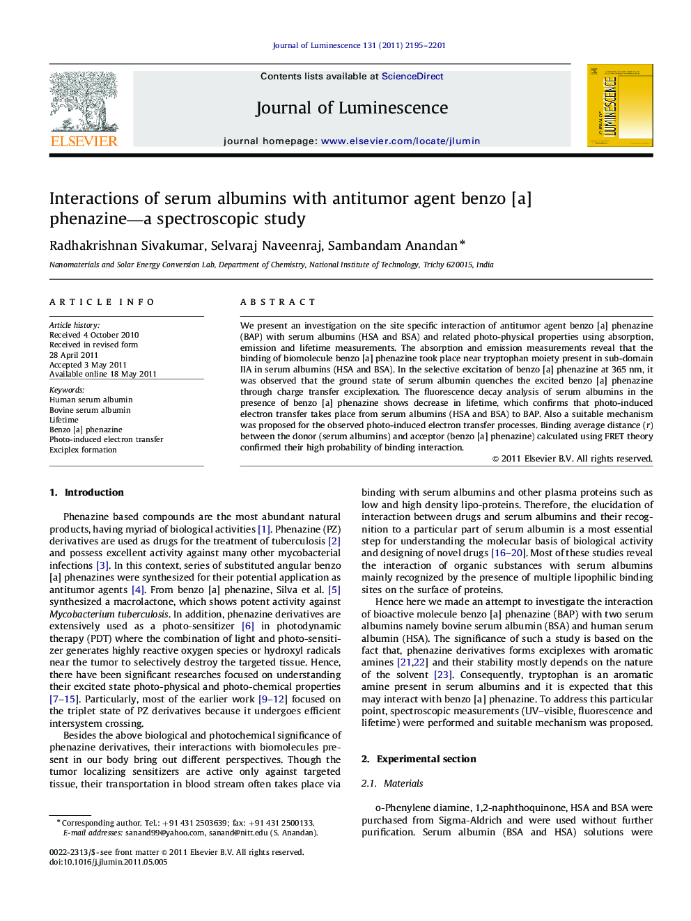 Interactions of serum albumins with antitumor agent benzo [a] phenazine-a spectroscopic study