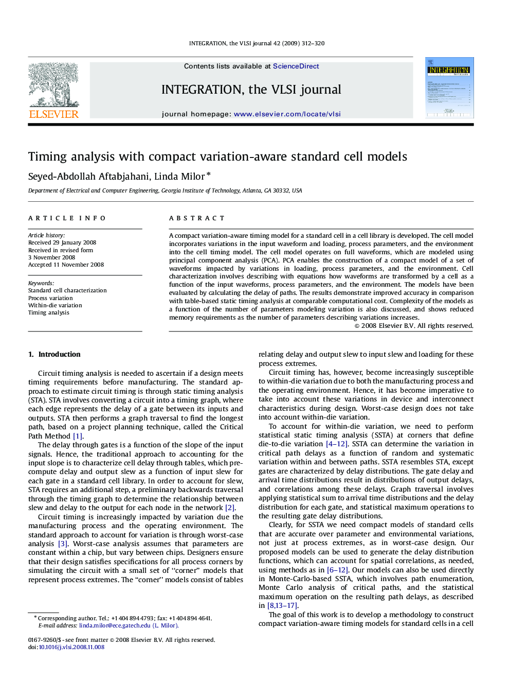 Timing analysis with compact variation-aware standard cell models