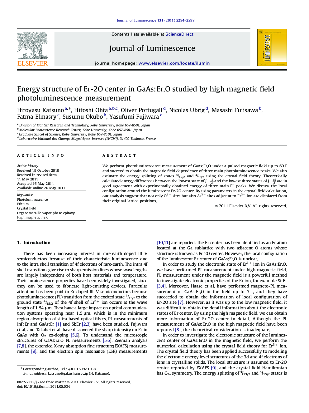 Energy structure of Er-2O center in GaAs:Er,O studied by high magnetic field photoluminescence measurement