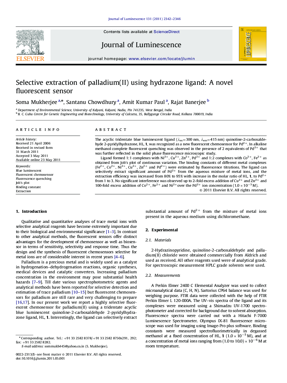 Selective extraction of palladium(II) using hydrazone ligand: A novel fluorescent sensor