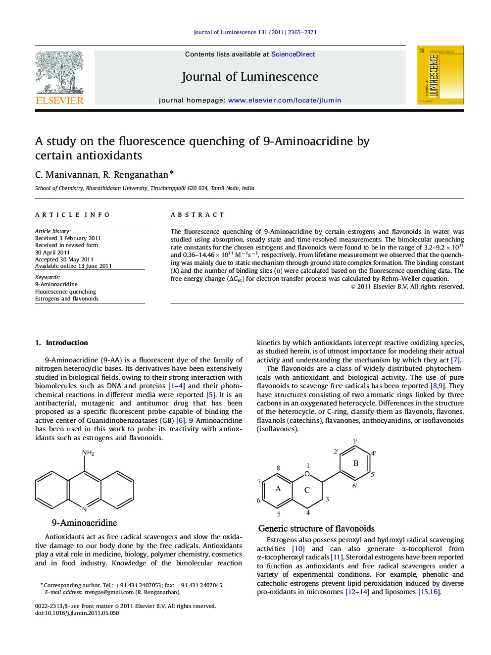 A study on the fluorescence quenching of 9-Aminoacridine by certain antioxidants
