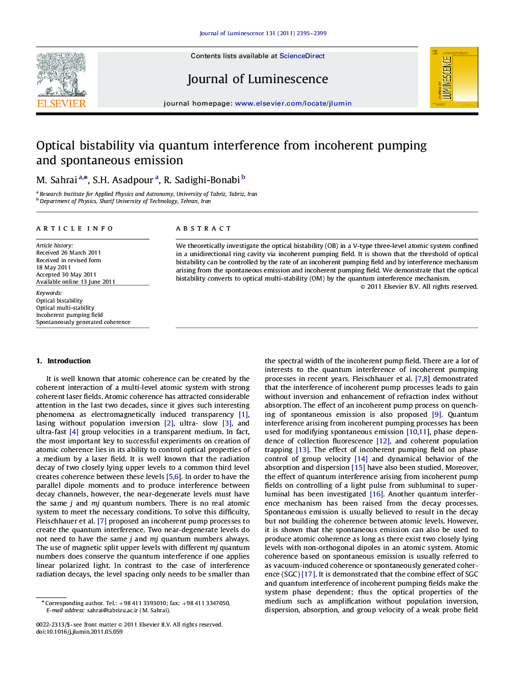 Optical bistability via quantum interference from incoherent pumping and spontaneous emission