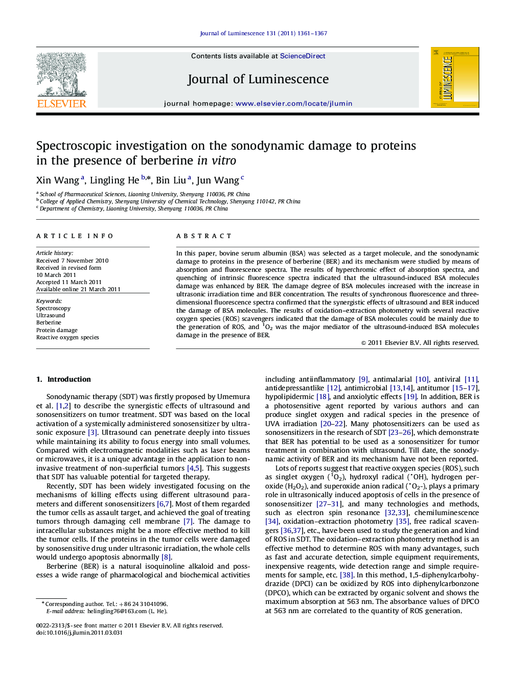 Spectroscopic investigation on the sonodynamic damage to proteins in the presence of berberine in vitro