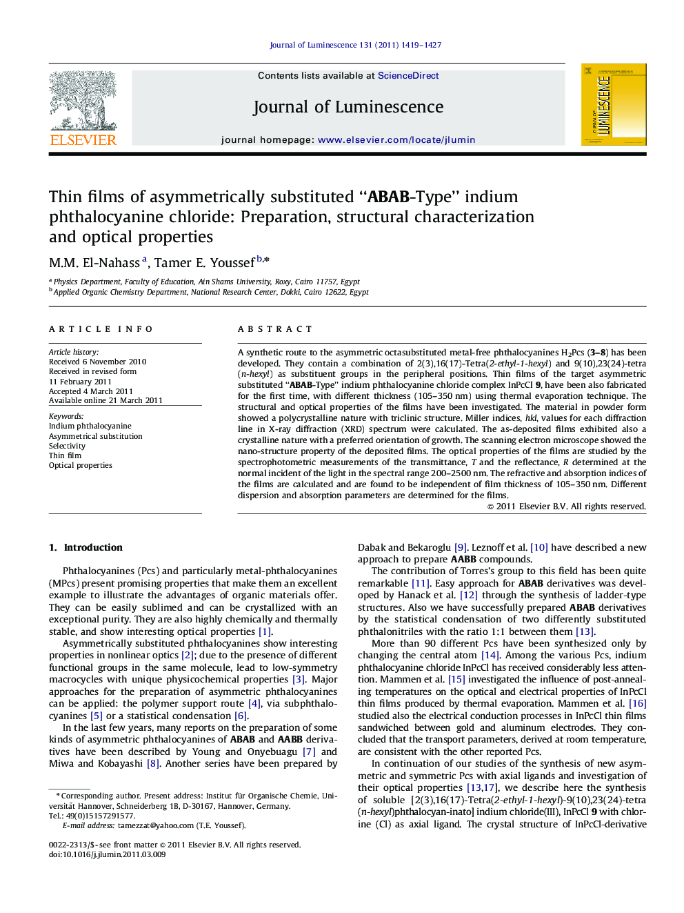 Thin films of asymmetrically substituted “ABAB-Type” indium phthalocyanine chloride: Preparation, structural characterization and optical properties