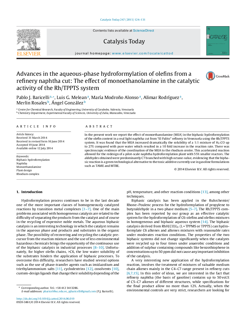 Advances in the aqueous-phase hydroformylation of olefins from a refinery naphtha cut: The effect of monoethanolamine in the catalytic activity of the Rh/TPPTS system