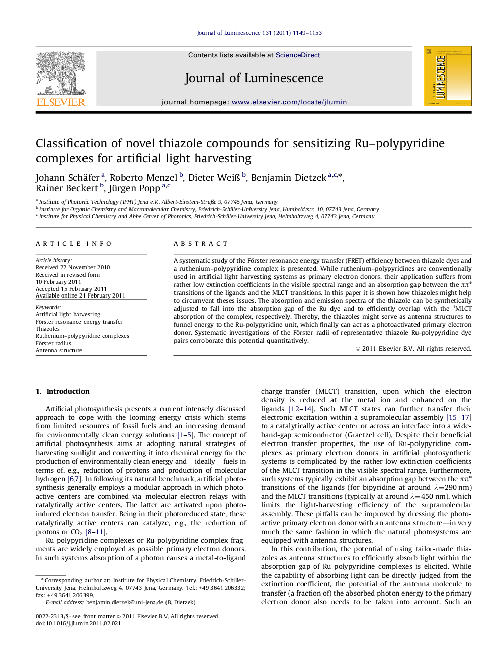 Classification of novel thiazole compounds for sensitizing Ru-polypyridine complexes for artificial light harvesting