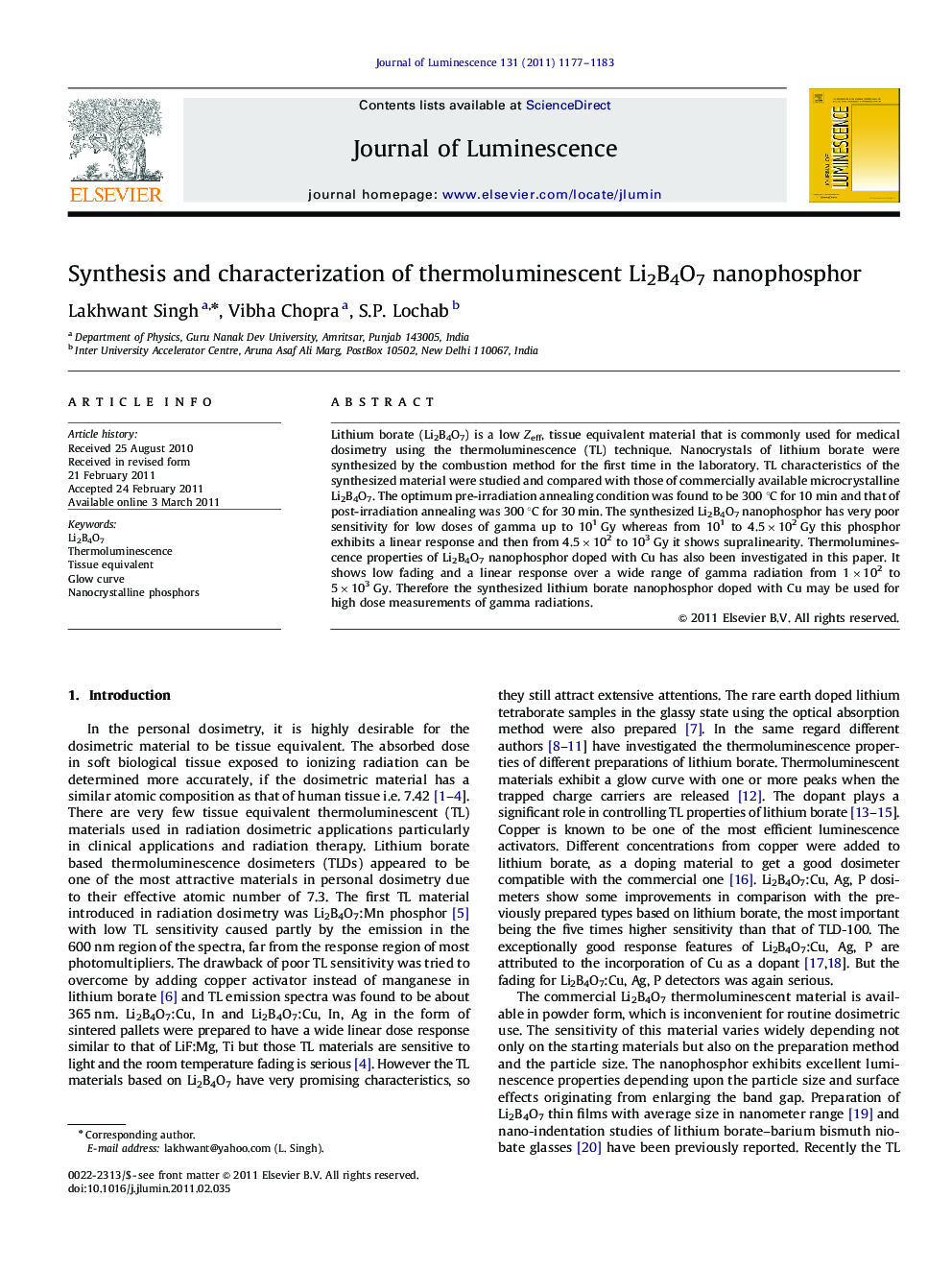 Synthesis and characterization of thermoluminescent Li2B4O7 nanophosphor