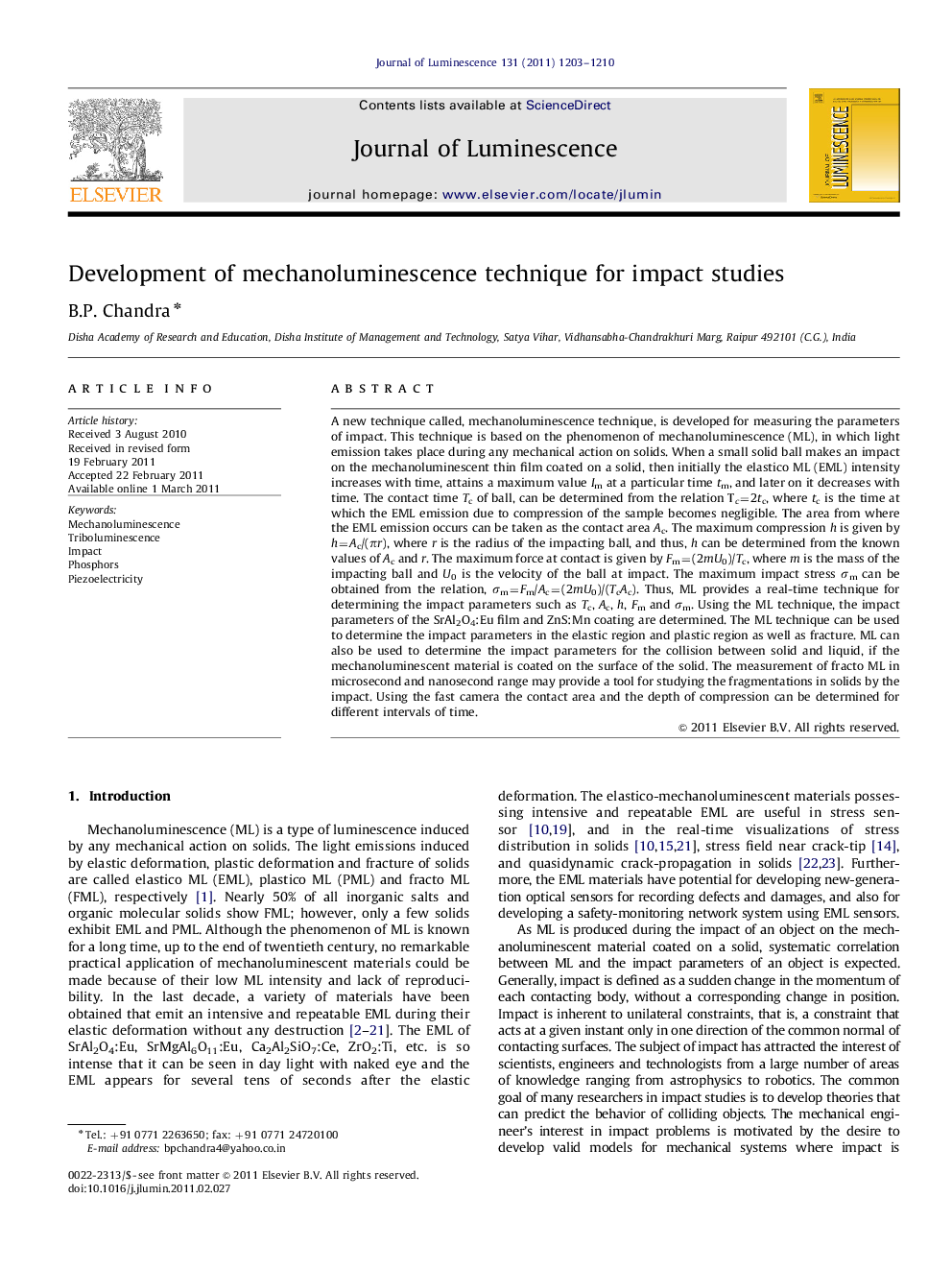 Development of mechanoluminescence technique for impact studies