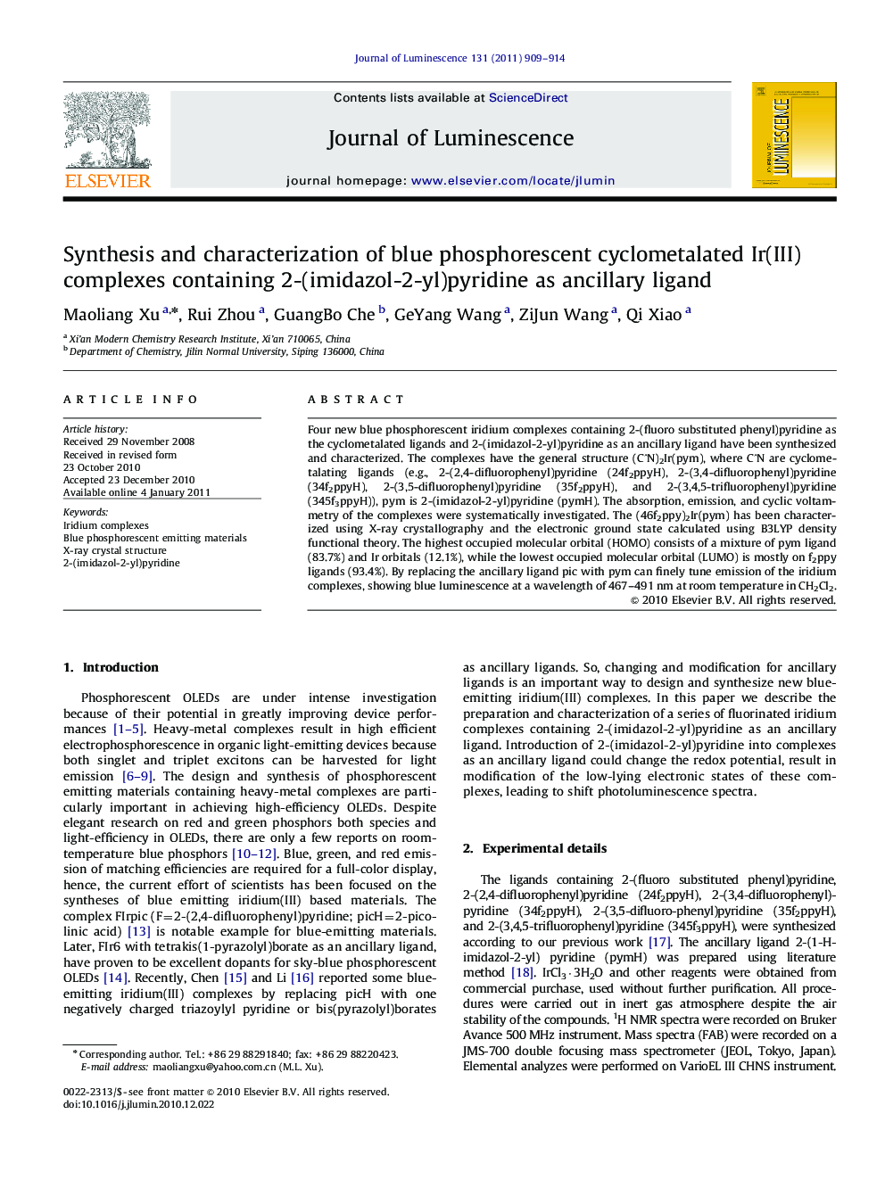 Synthesis and characterization of blue phosphorescent cyclometalated Ir(III) complexes containing 2-(imidazol-2-yl)pyridine as ancillary ligand