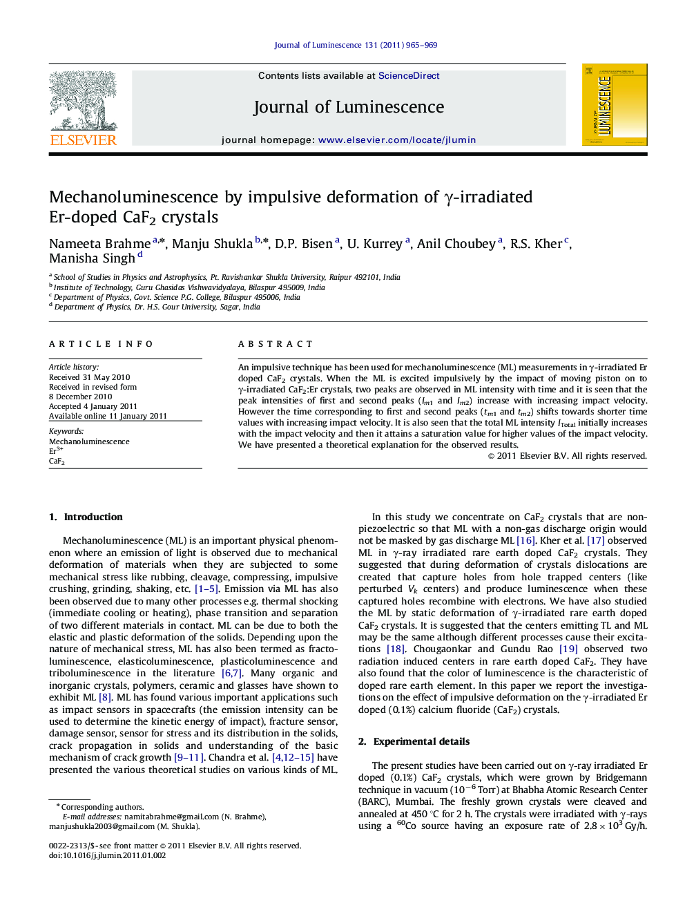 Mechanoluminescence by impulsive deformation of Î³-irradiated Er-doped CaF2 crystals