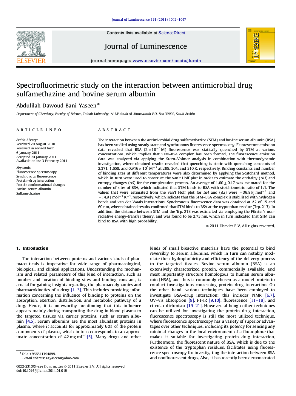 Spectrofluorimetric study on the interaction between antimicrobial drug sulfamethazine and bovine serum albumin