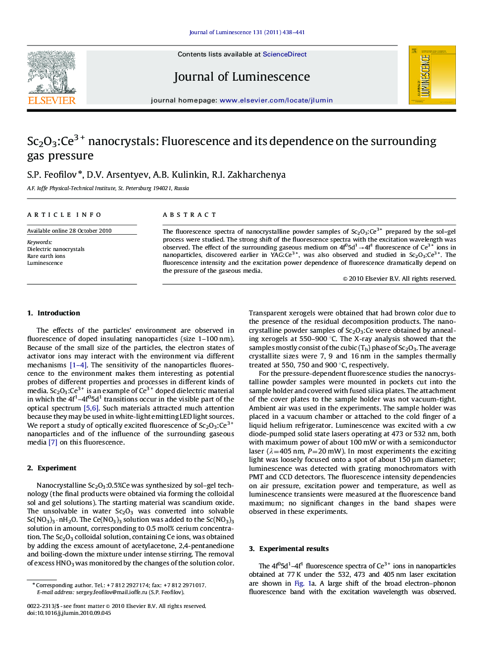 Sc2O3:Ce3+ nanocrystals: Fluorescence and its dependence on the surrounding gas pressure