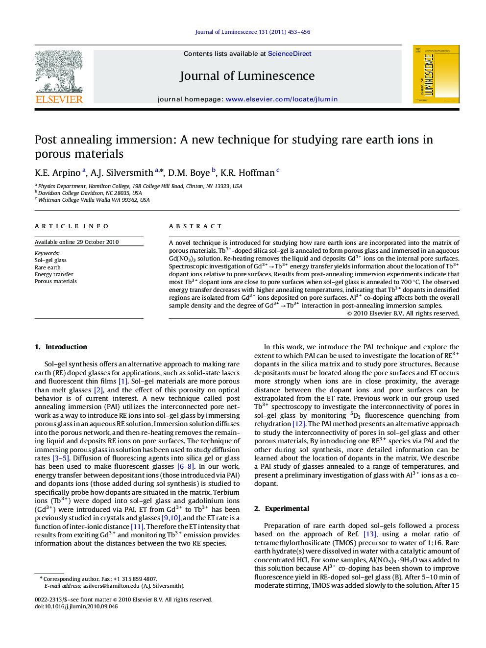 Post annealing immersion: A new technique for studying rare earth ions in porous materials