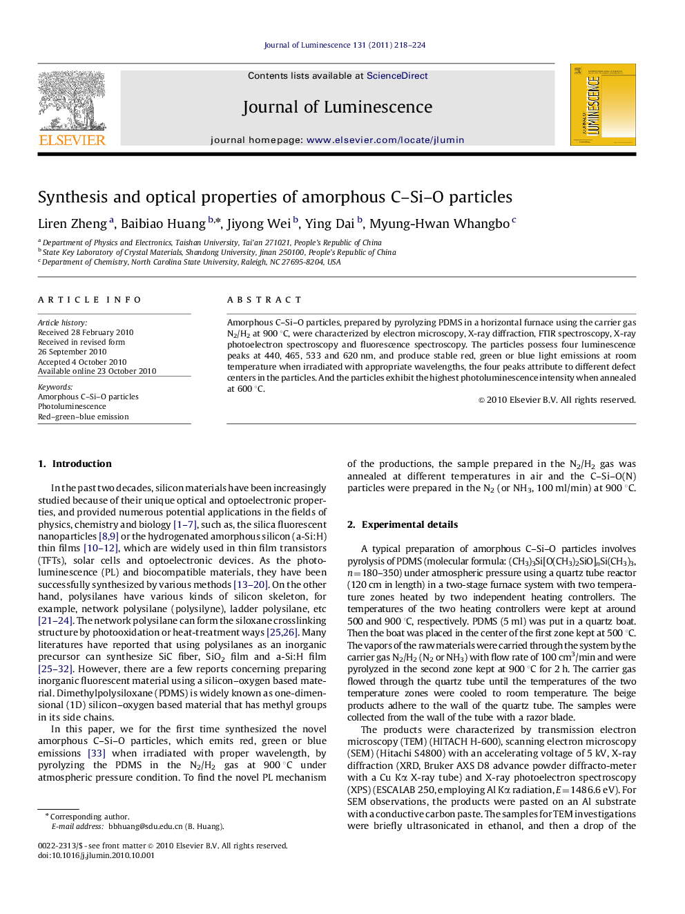 عکس صفحه اول مقاله: Synthesis and optical properties of amorphous C-Si-O particles Synthesis and optical properties of amorphous C-Si-O particles