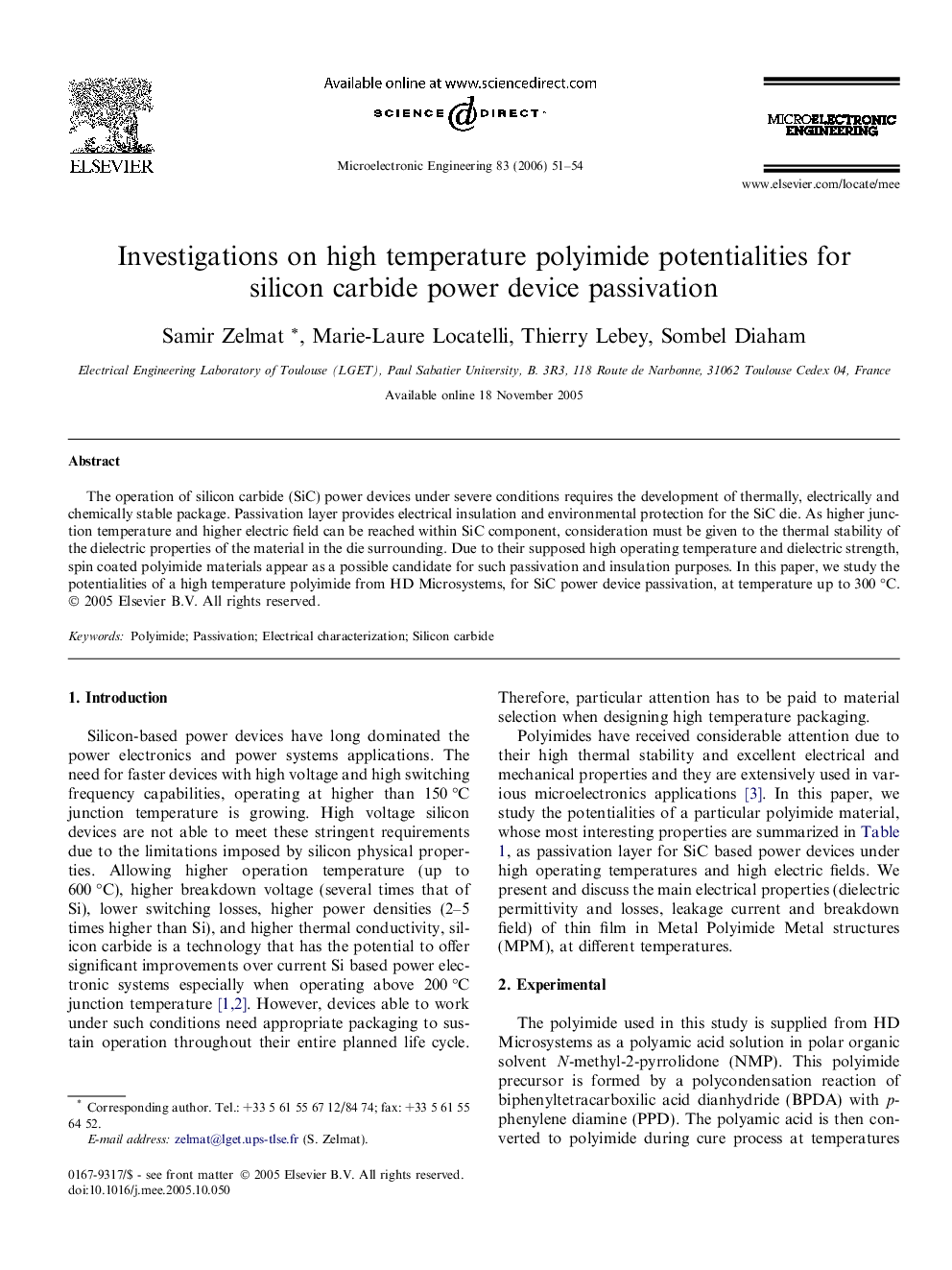 Investigations on high temperature polyimide potentialities for silicon carbide power device passivation