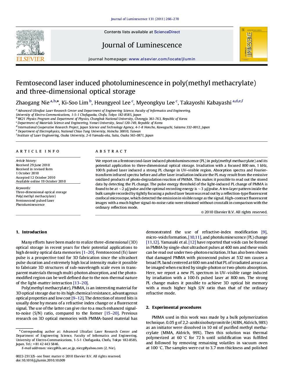 Femtosecond laser induced photoluminescence in poly(methyl methacrylate) and three-dimensional optical storage