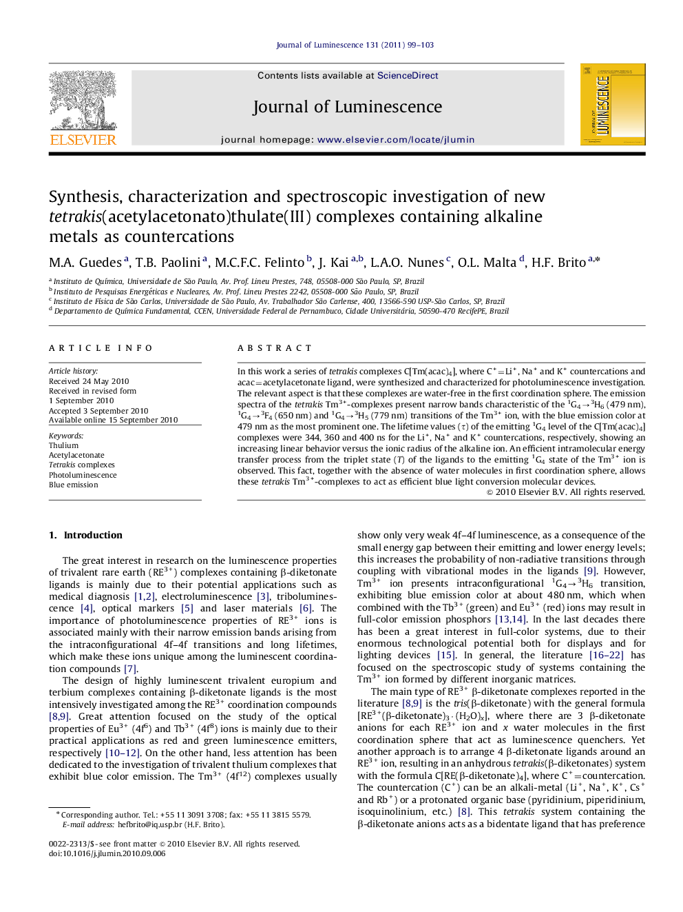 Synthesis, characterization and spectroscopic investigation of new tetrakis(acetylacetonato)thulate(III) complexes containing alkaline metals as countercations