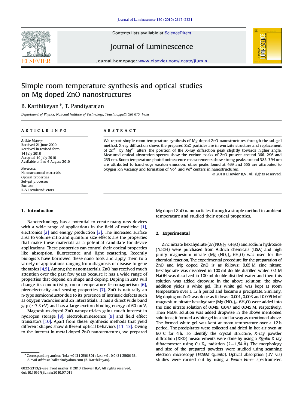 Simple room temperature synthesis and optical studies on Mg doped ZnO nanostructures