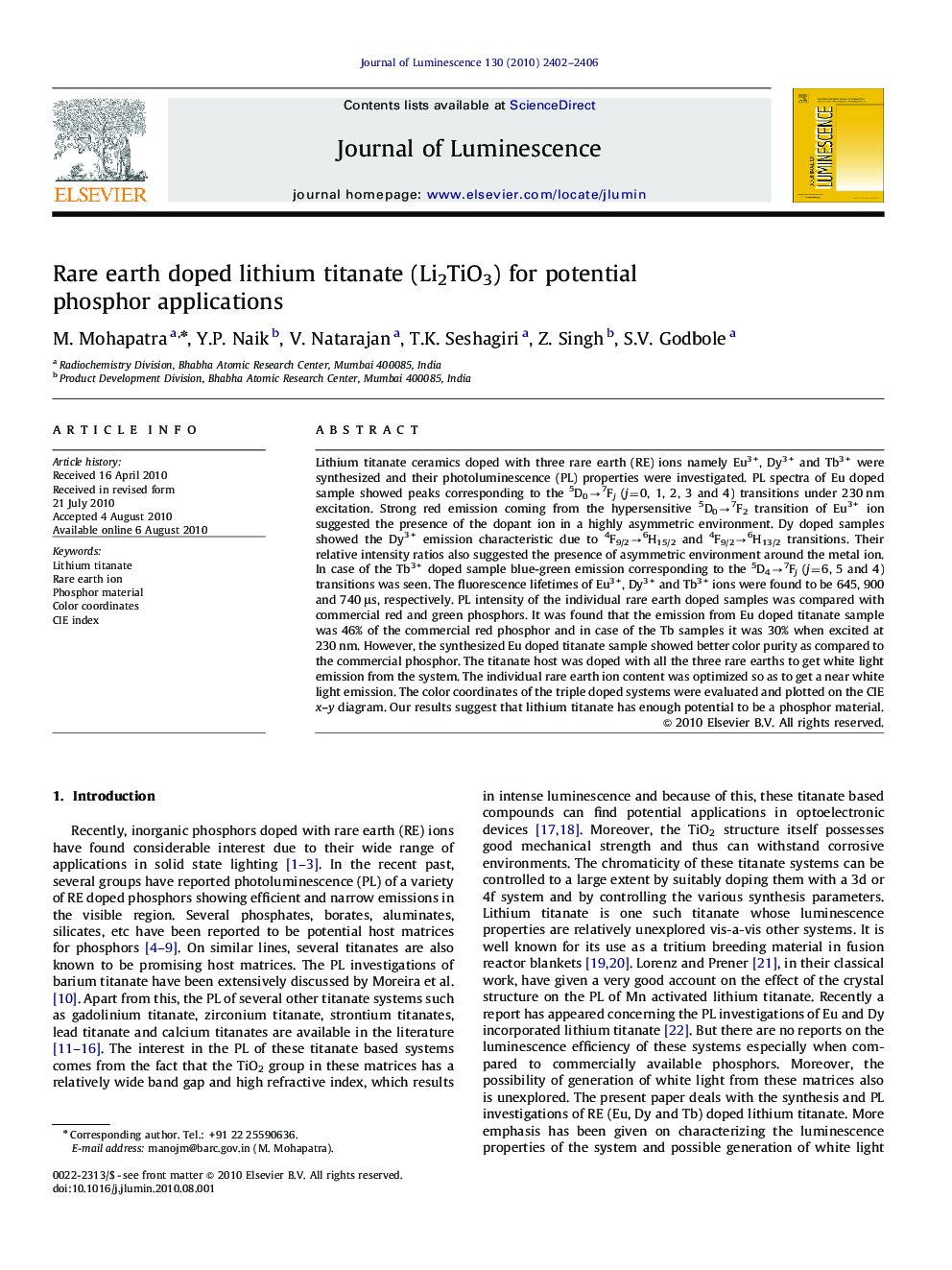 Rare earth doped lithium titanate (Li2TiO3) for potential phosphor applications