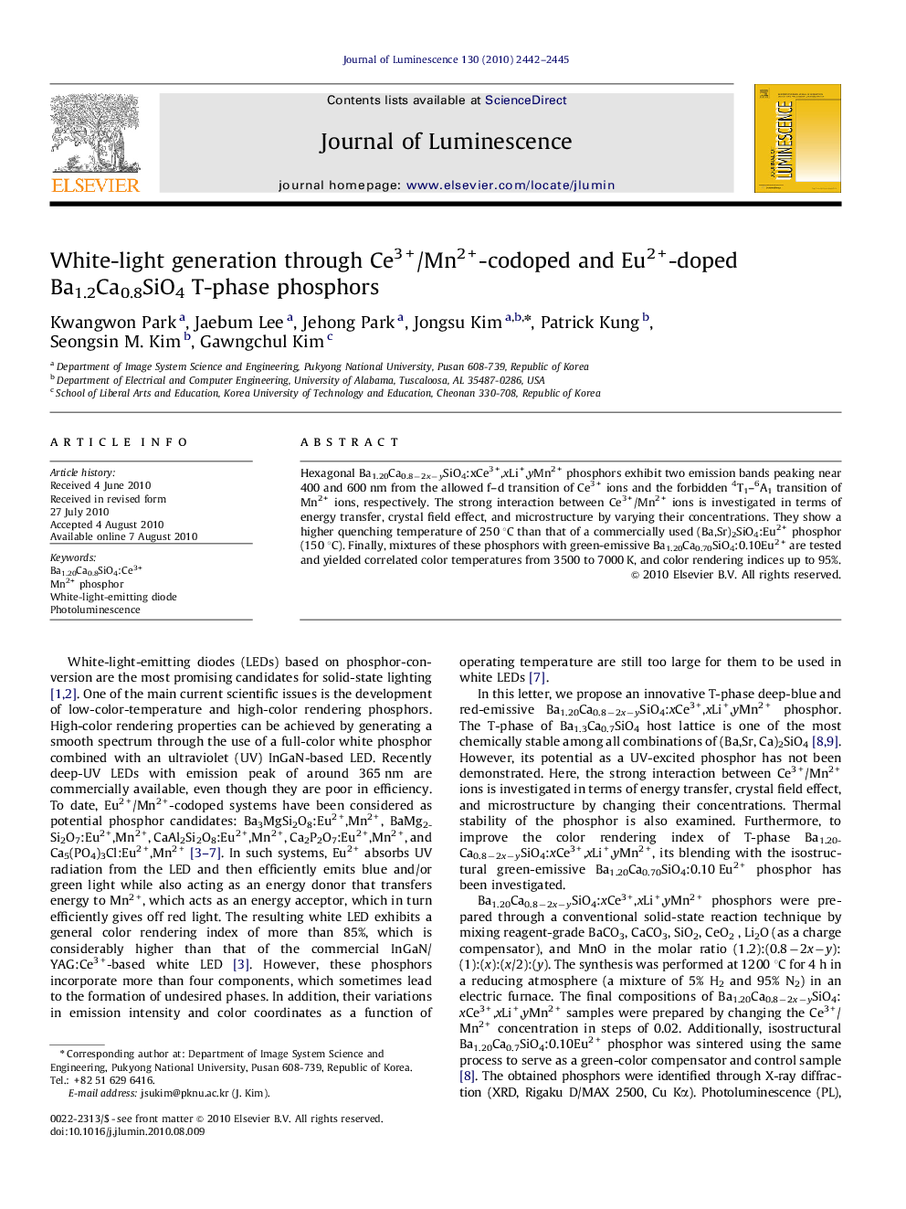 White-light generation through Ce3+/Mn2+-codoped and Eu2+-doped Ba1.2Ca0.8SiO4 T-phase phosphors