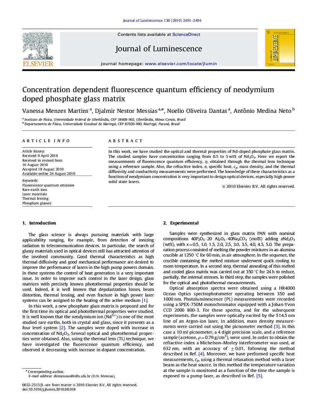 Concentration dependent fluorescence quantum efficiency of neodymium doped phosphate glass matrix