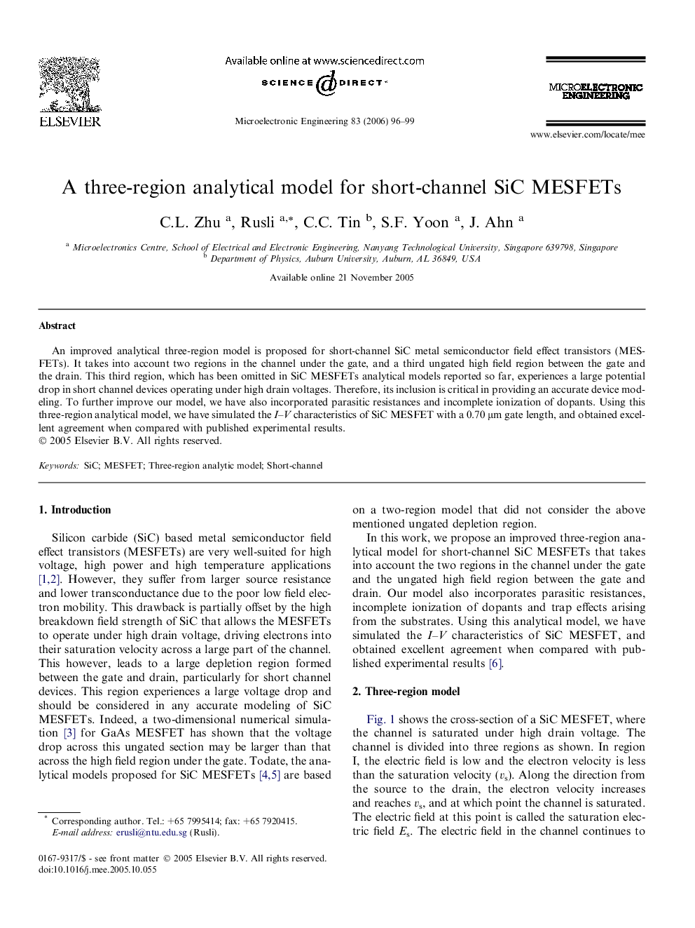 A three-region analytical model for short-channel SiC MESFETs