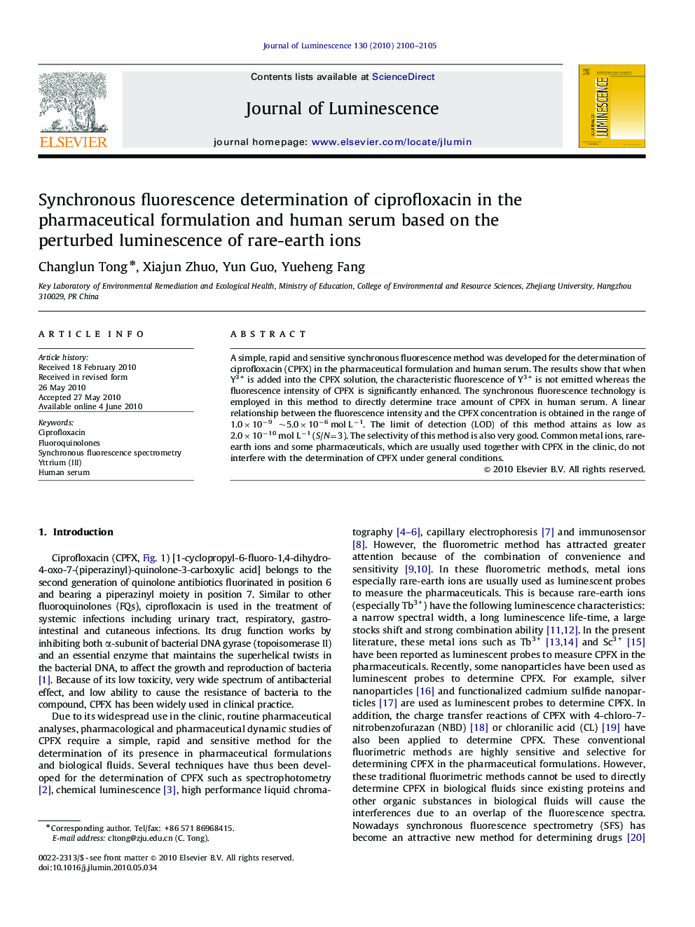 Synchronous fluorescence determination of ciprofloxacin in the pharmaceutical formulation and human serum based on the perturbed luminescence of rare-earth ions