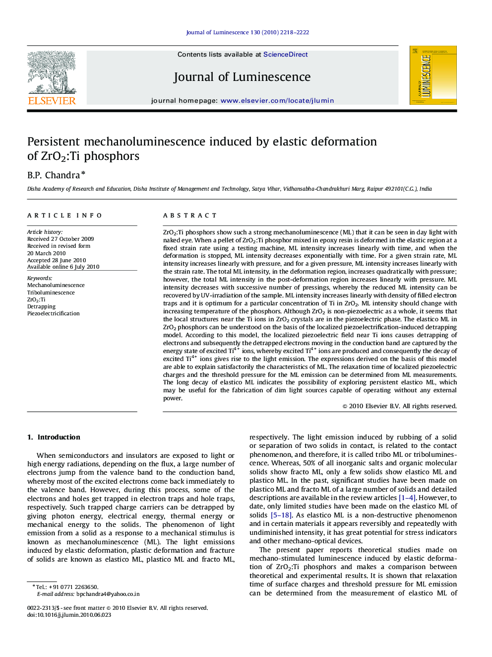 Persistent mechanoluminescence induced by elastic deformation of ZrO2:Ti phosphors