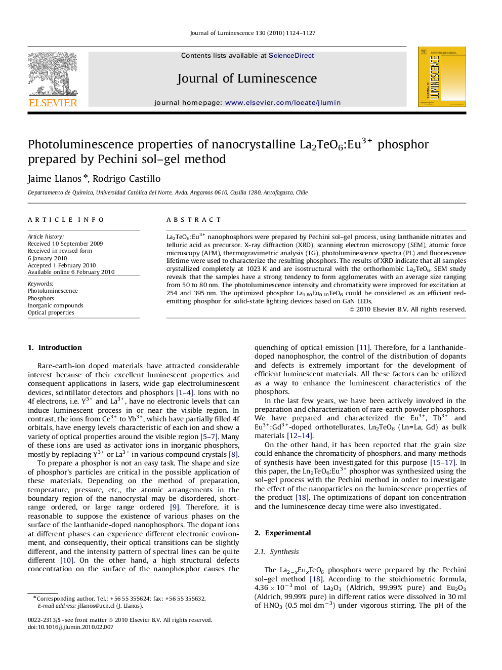 Photoluminescence properties of nanocrystalline La2TeO6:Eu3+ phosphor prepared by Pechini sol-gel method