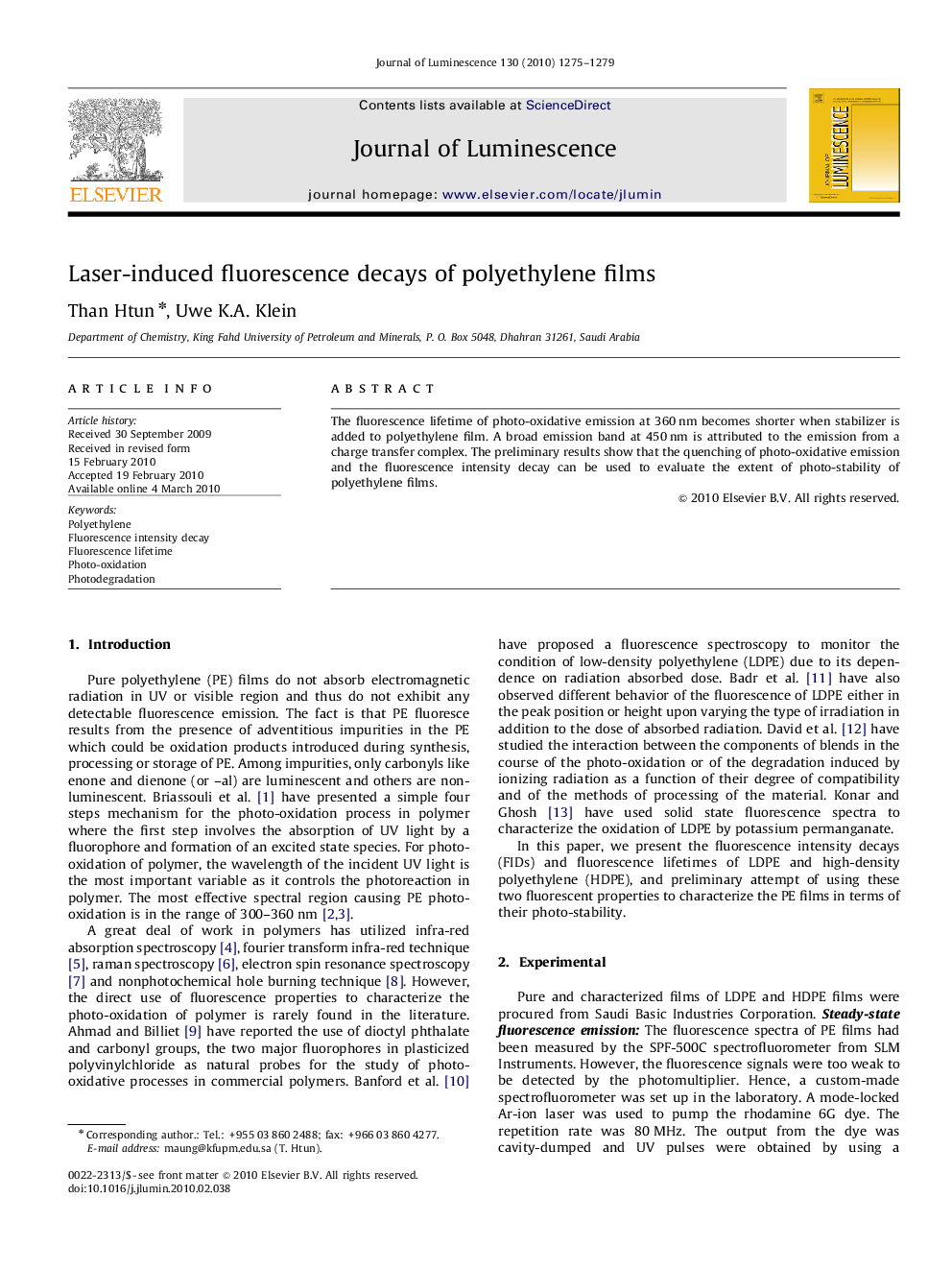 Laser-induced fluorescence decays of polyethylene films