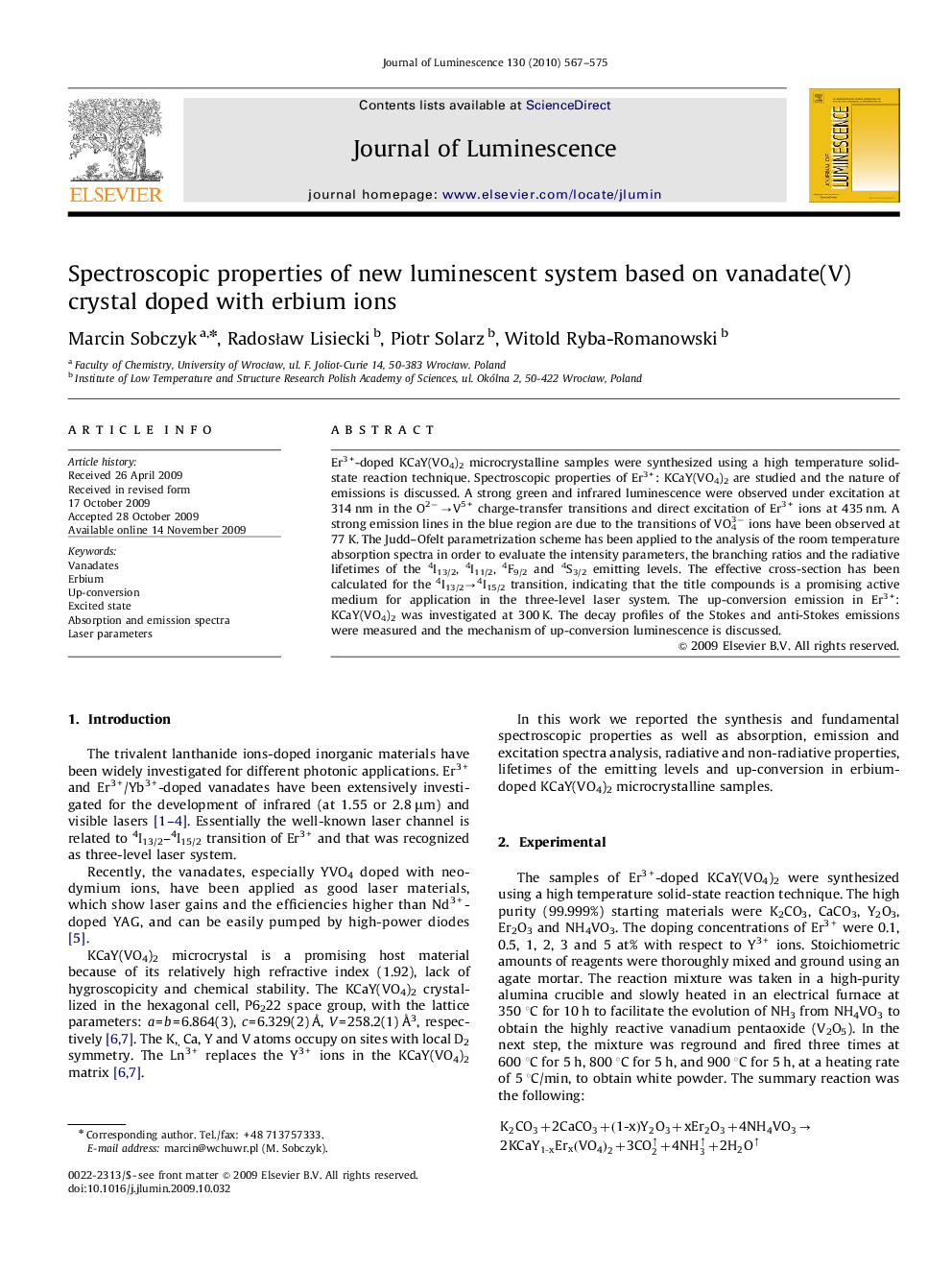 Spectroscopic properties of new luminescent system based on vanadate(V) crystal doped with erbium ions